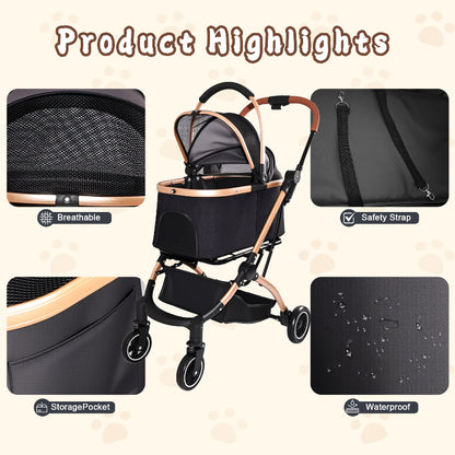 Product highlights graphic for a cat stroller showing breathable mesh, built-in safety tether straps, side storage pocket, and waterproof fabric.