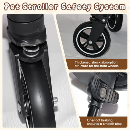 Cat stroller safety features showing front wheels with thickened shock absorption springs and a one-foot linked rear brake pedal for smooth stopping.