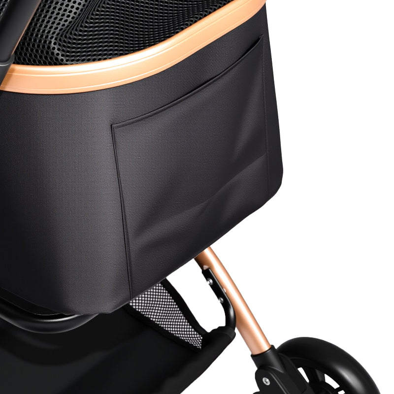 Close-up of a cat stroller showing the side storage pocket on the carrier basket and the lower mesh storage area.