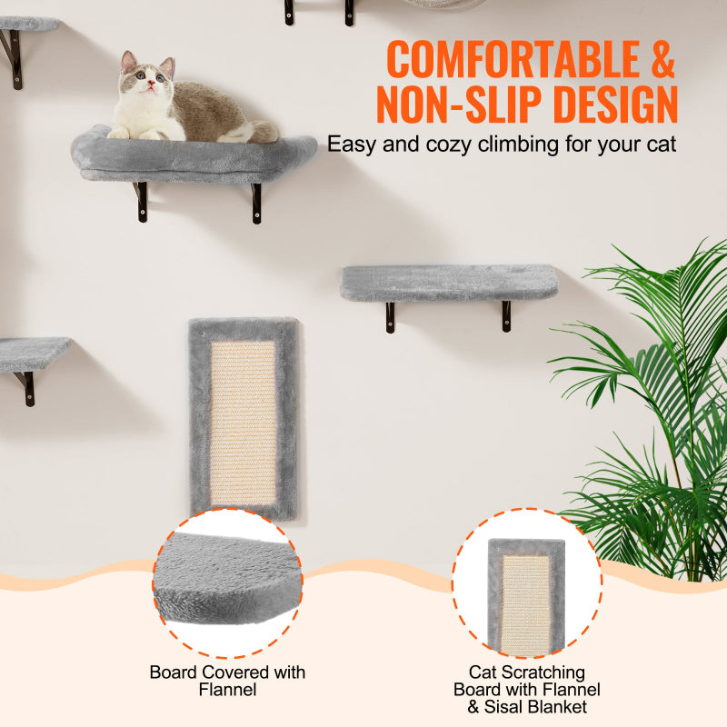 Infographic displaying grey wall-mounted cat shelves highlighting comfortable, non-slip plush flannel covering and a sisal scratching board.