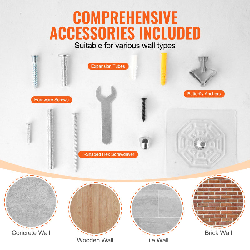 Infographic displaying installation accessories including hardware screws, expansion tubes, butterfly anchors, and a wrench tool, suitable for concrete, wooden, tile, and brick walls.
