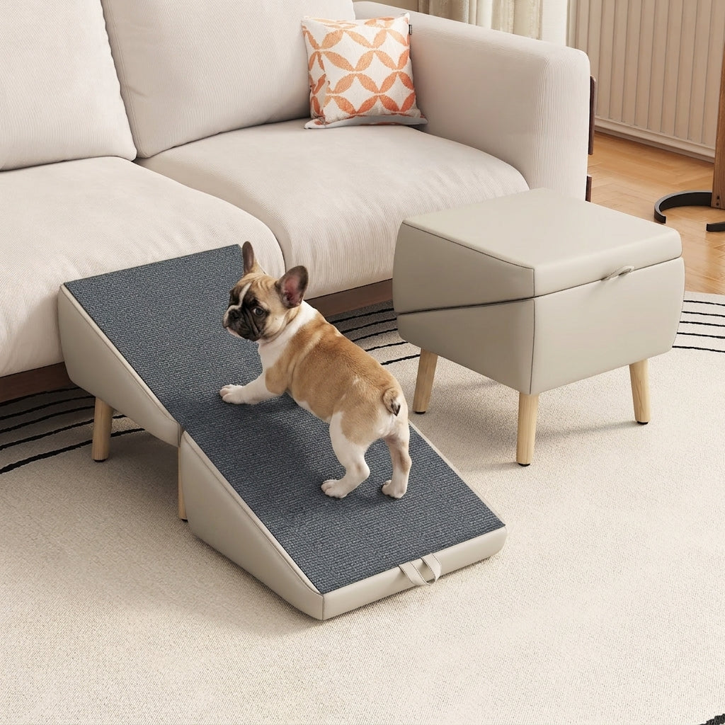 2-in-1 Foldable Wooden Pet Stairs – Multi-Functional Convertible Split Ottoman Dog Ramp for Bed & Couch