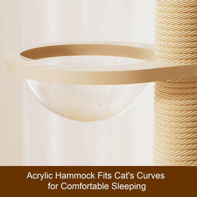 Close-up detail diagram of a clear acrylic space capsule cat hammock bowl attached to a floor-to-ceiling wooden cat tree tower, designed to fit a cat's body curves for comfortable sleeping.