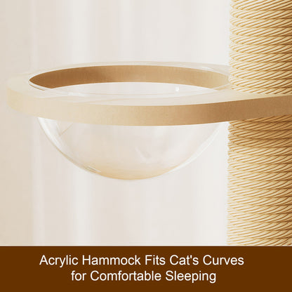 Close-up detail diagram of a clear acrylic space capsule cat hammock bowl attached to a floor-to-ceiling wooden cat tree tower, designed to fit a cat's body curves for comfortable sleeping.