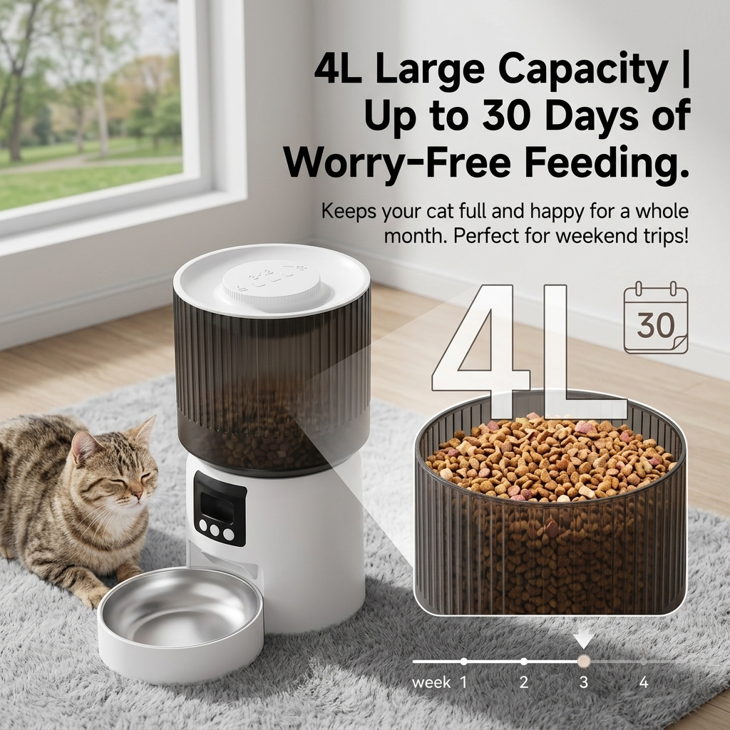 Feature infographic showing 4L large capacity and 30 days of worry-free feeding for Cuteden cat feeder