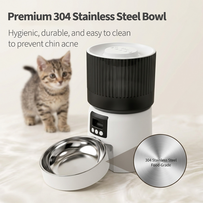 Feature infographic showing premium 304 stainless steel food-grade bowl of Cuteden cat feeder to prevent chin acne