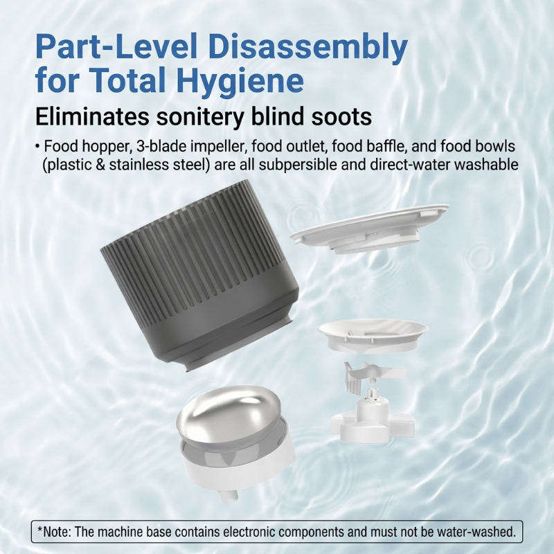 Feature infographic showing part-level disassembly and washable design of Cuteden automatic cat feeder for complete hygiene