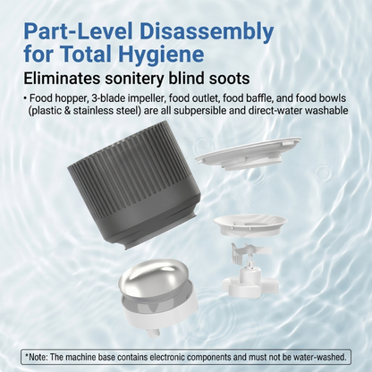 Feature infographic showing part-level disassembly and washable design of Cuteden automatic cat feeder for complete hygiene