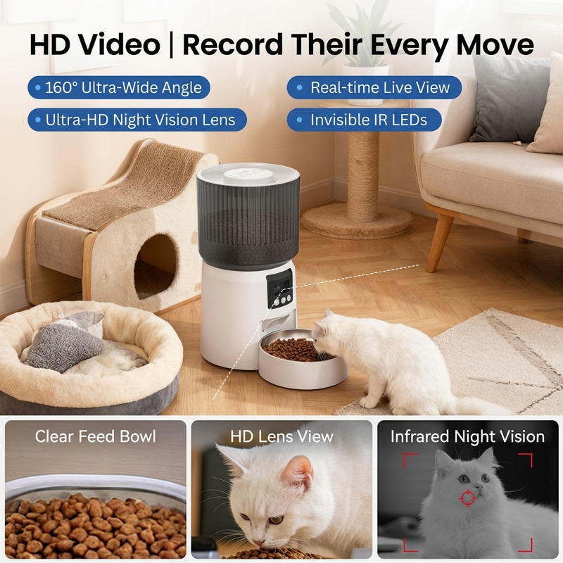Feature infographic showing 1080P HD video, ultra-wide angle camera, and infrared night vision of Cuteden cat feeder