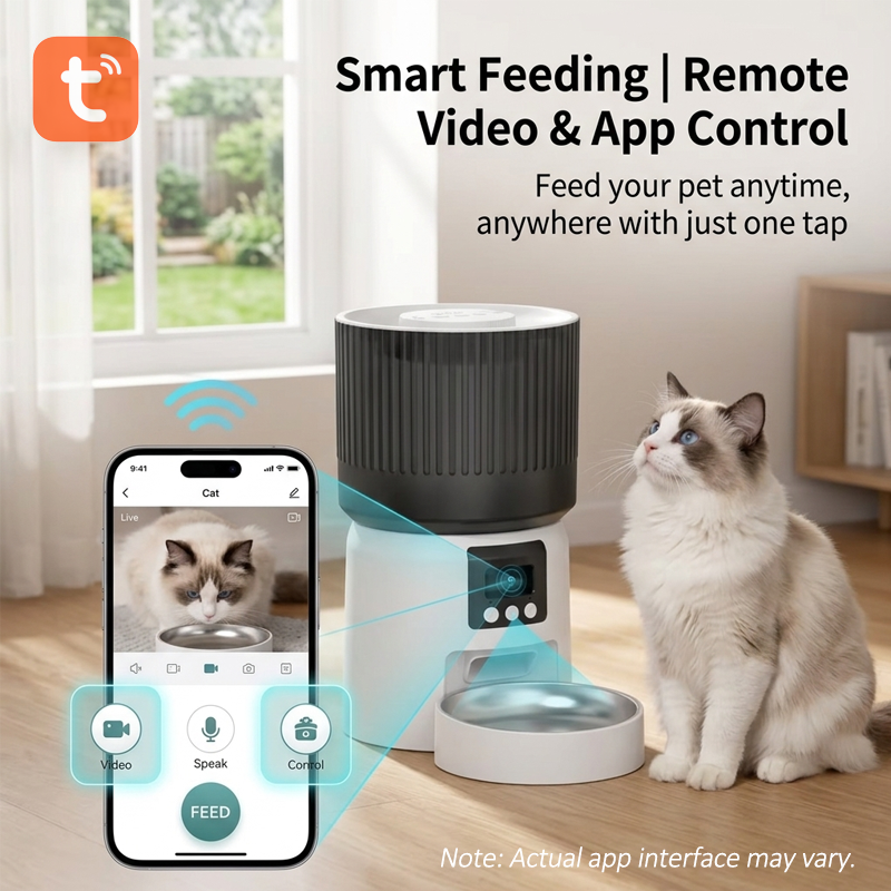 Smart pet feeding chart showing remote video and app control feature for Cuteden cat feeder