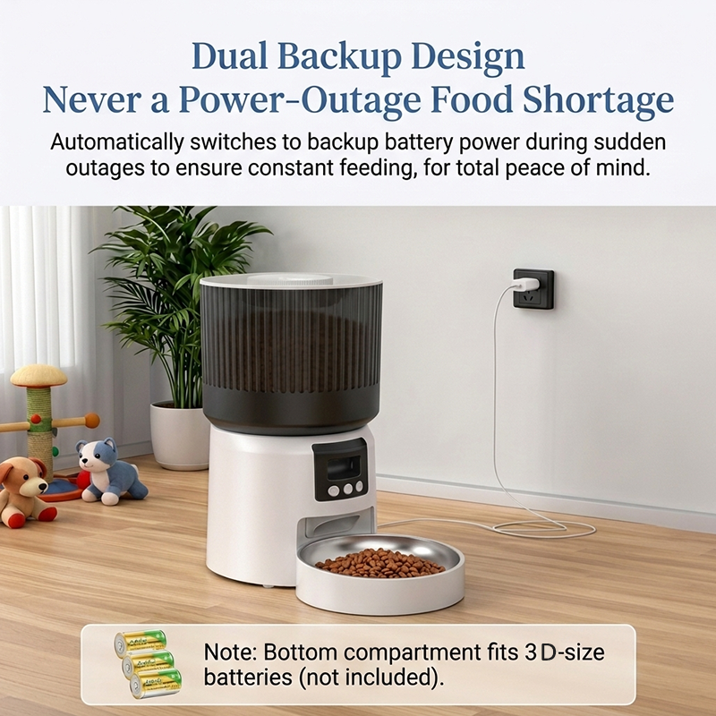 Feature infographic showing dual backup design and emergency battery power system of Cuteden cat feeder to prevent food shortage during power outage