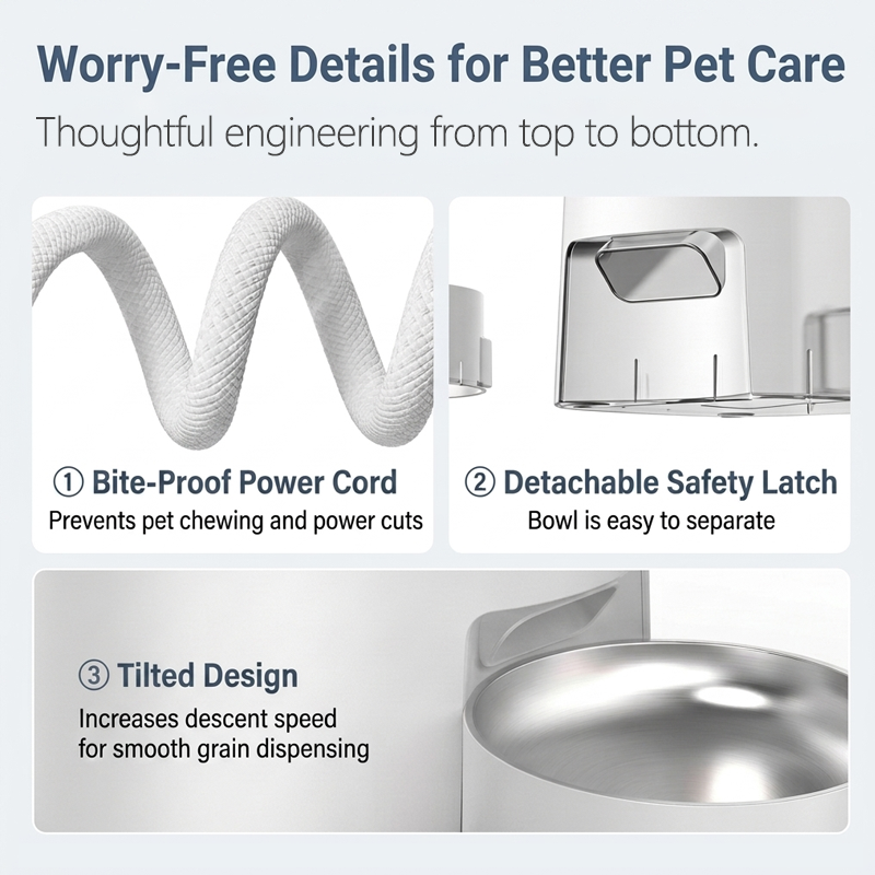 Feature infographic showing bite-proof power cord, detachable safety latch, and tilted bowl design of Cuteden automatic cat feeder
