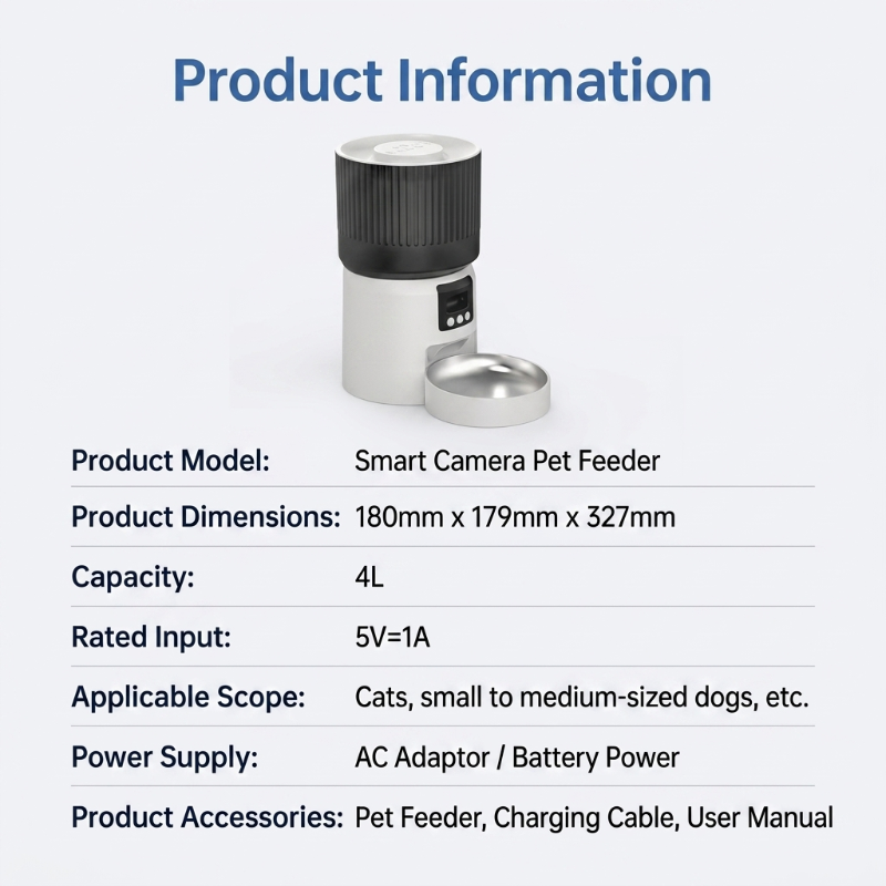 Product specifications chart listing dimensions, model, and technical details of Cuteden smart camera pet feeder