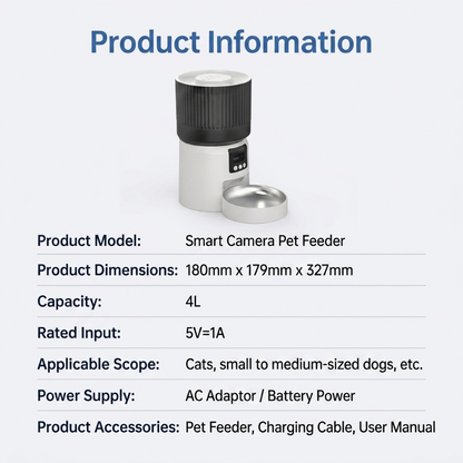Product specifications chart listing dimensions, model, and technical details of Cuteden smart camera pet feeder