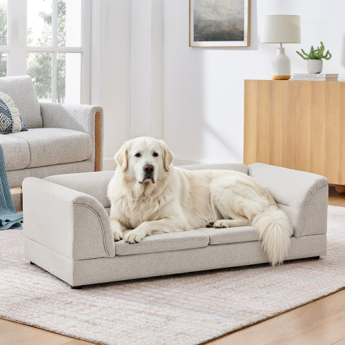 52" Oversized Premium Linen Dog Sofa – Elevated Pet Couch with Curved Armrests & Joint-Supportive Foam for Large & Extra Large Dogs