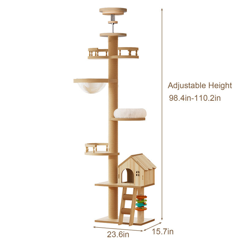 Dimension diagram for a floor-to-ceiling wooden cat tree showing an adjustable height range from 98.4 to 110.2 inches and a 23.6 x 15.7 inch base plate.