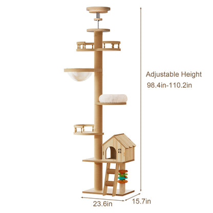 Dimension diagram for a floor-to-ceiling wooden cat tree showing an adjustable height range from 98.4 to 110.2 inches and a 23.6 x 15.7 inch base plate.