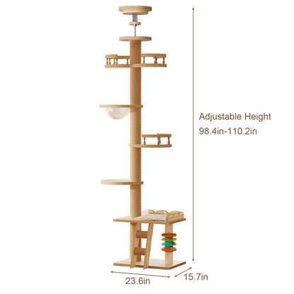 Dimension diagram for a floor-to-ceiling wooden cat tree with open lounger bed, showing an adjustable height range from 98.4 to 110.2 inches and a 23.6 x 15.7 inch base plate.