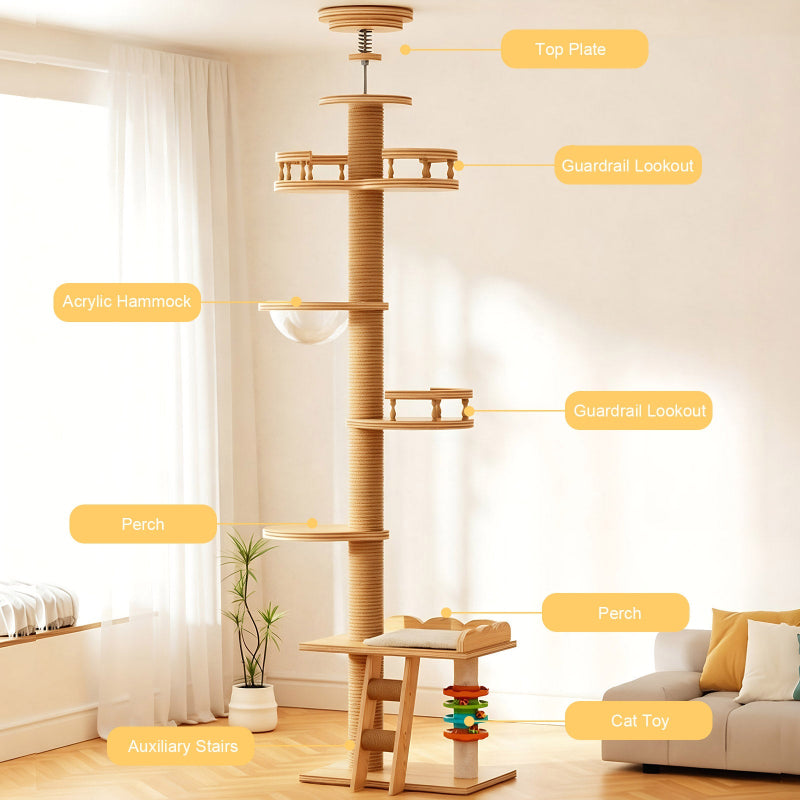 Product feature infographic for a floor-to-ceiling wooden cat tree with open lounger bed, labeling key parts including top plate, guardrail lookout perches, acrylic hammock bowl, perches, cat toy, and auxiliary stairs in a bright living room.