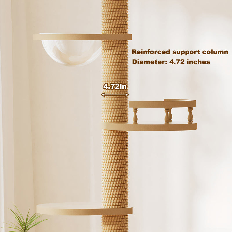 Close-up diagram of a floor-to-ceiling wooden cat tree showing a 4.72-inch thick reinforced support column wrapped in natural sisal rope next to a clear acrylic bowl perch.