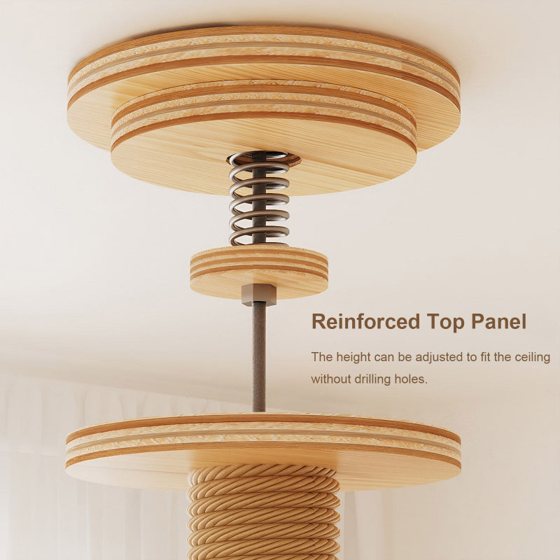 Close-up detail diagram of the reinforced top panel and adjustable spring rod mechanism on a floor-to-ceiling wooden cat tree, enabling height customization to fit ceilings without drilling holes.