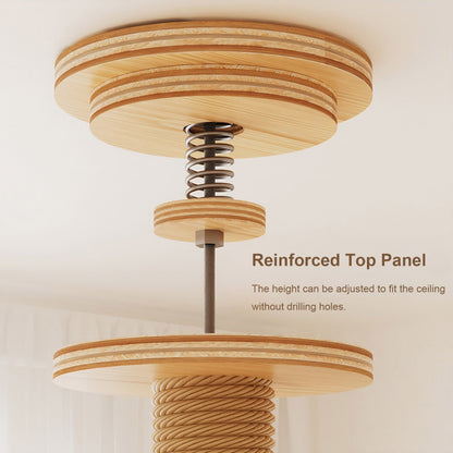 Close-up detail diagram of the reinforced top panel and adjustable spring rod mechanism on a floor-to-ceiling wooden cat tree, enabling height customization to fit ceilings without drilling holes.