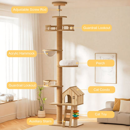 Infographic diagram of a floor-to-ceiling wooden cat tree showing labeled features including adjustable screw rod, acrylic hammock bowl, guardrail lookout perches, wooden cat condo, auxiliary stairs, and interactive cat toy.