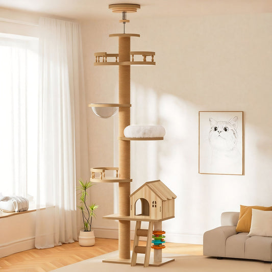 A tall floor-to-ceiling wooden cat tree tower installed in a modern sunlit living room near a window, featuring a spring tension ceiling mount, clear acrylic bowl, wooden condo cabin, and sisal scratching pole.