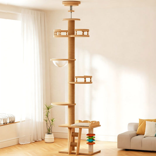 A tall floor-to-ceiling wooden cat tree tower with a cushioned open lounger bed, clear space capsule hammock, guardrail perches, and interactive carousel toy, set up in a sunlit modern living room next to a window.