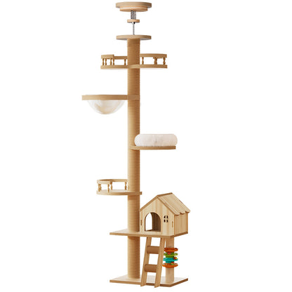 Floor-to-ceiling wooden cat tree tower with tension mount, featuring a transparent acrylic space capsule bowl, wooden cat condo house with ladder, sisal scratch post, and plush perches isolated on a white background.