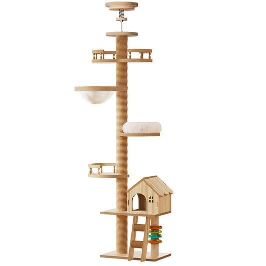 Floor-to-ceiling wooden cat tree tower with tension mount, featuring a transparent acrylic space capsule bowl, wooden cat condo house with ladder, sisal scratch post, and plush perches isolated on a white background.