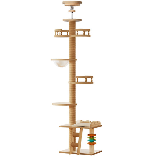 Floor-to-ceiling tension wooden cat tree featuring a cushioned open bed platform, acrylic clear bowl hammock, guardrail perches, auxiliary climbing ladder, and interactive carousel toy on a white background.