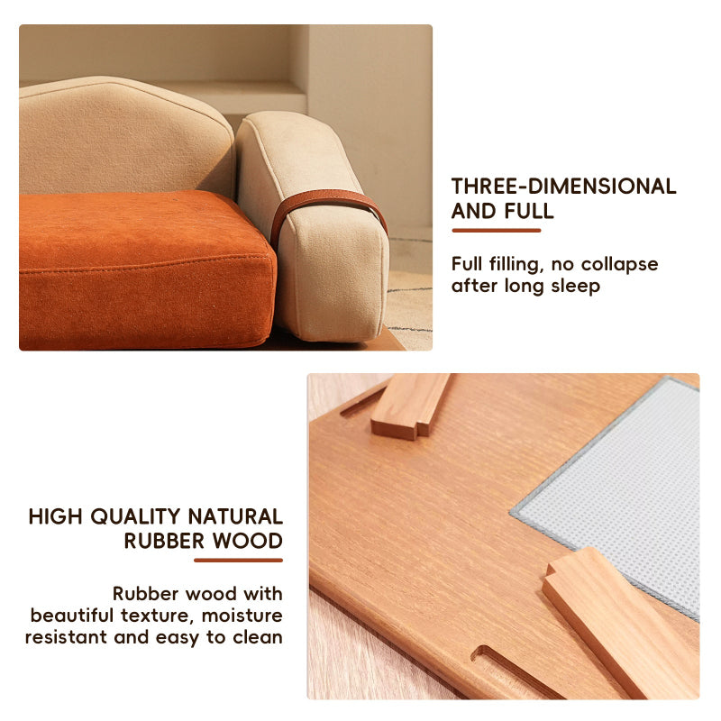 A two-panel product graphic featuring full-filled cat sofa armrests top section and natural rubber wood base bottom section.