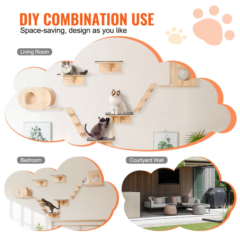 A set of grey plush wall-mounted cat shelves, bridge, condo, and scratcher pad installed on a white wall with an orange cat using the scratcher and a striped cat sleeping on a perch.