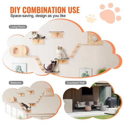 A set of grey plush wall-mounted cat shelves, bridge, condo, and scratcher pad installed on a white wall with an orange cat using the scratcher and a striped cat sleeping on a perch.