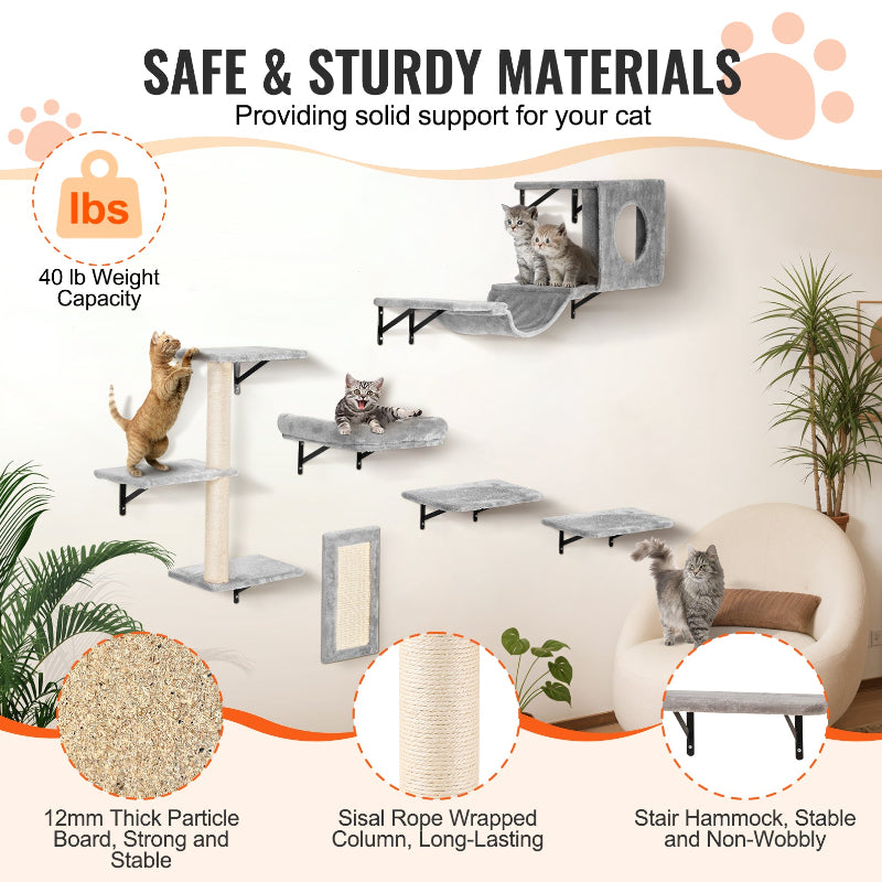 Product feature graphic showing wall-mounted cat furniture with 40 lbs weight support, thick particle board structure, and durable sisal-wrapped scratching posts.
