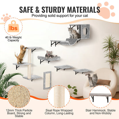 Product feature graphic showing wall-mounted cat furniture with 40 lbs weight support, thick particle board structure, and durable sisal-wrapped scratching posts.