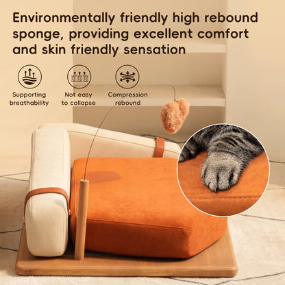 A product infographic highlighting the high-rebound sponge cushion of a cat sofa bed, featuring feature icons and a close-up circle shot of a cat paw on the soft fabric.