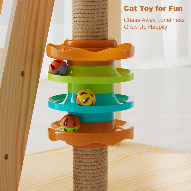 Close-up view of the colorful 4-tier interactive track ball toy mounted on the sisal-wrapped post of the wooden cat tree