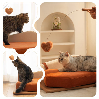 A photo collage showing cats playing with a hanging plush heart toy on a modern orange and beige pet sofa bed.