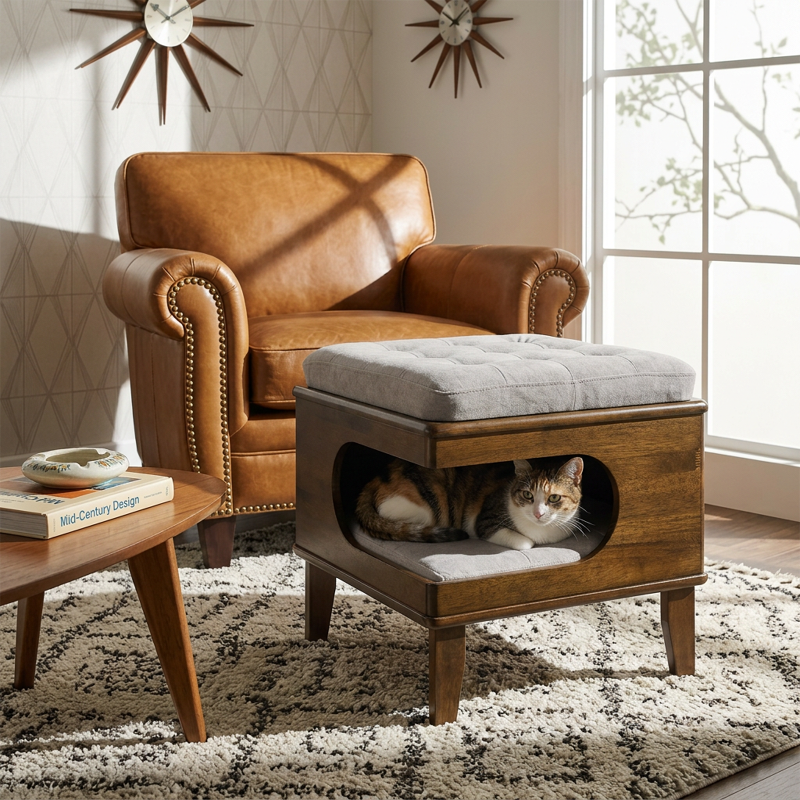 A calico cat lying comfortably inside a mid-century wooden ottoman cat house with a plush cushion seat in a cozy living room.