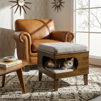 A calico cat lying comfortably inside a mid-century wooden ottoman cat house with a plush cushion seat in a cozy living room.