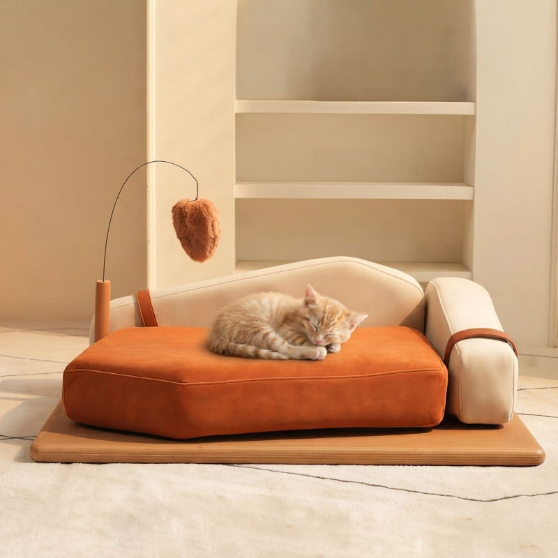 A small orange tabby kitten sleeping peacefully on a modern orange and beige mini sofa cat bed with an attached toy.