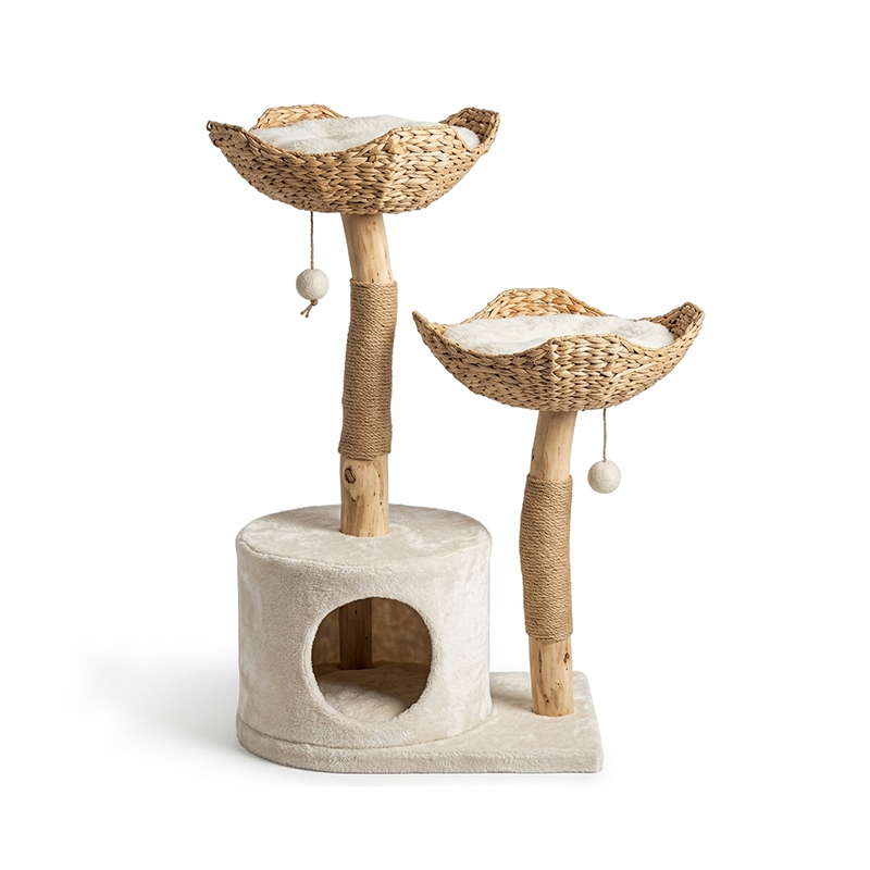 Isolated studio shot of a modern natural wood cat tree featuring two handwoven flower basket perches, sisal scratching posts, and a plush base condo on a plain white background.