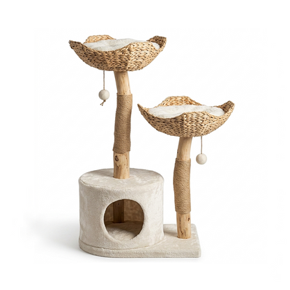 Isolated studio shot of a modern natural wood cat tree featuring two handwoven flower basket perches, sisal scratching posts, and a plush base condo on a plain white background.
