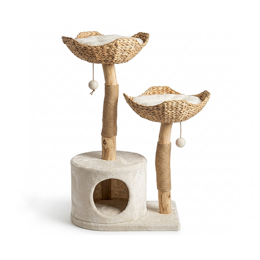 Isolated studio shot of a modern natural wood cat tree featuring two handwoven flower basket perches, sisal scratching posts, and a plush base condo on a plain white background.