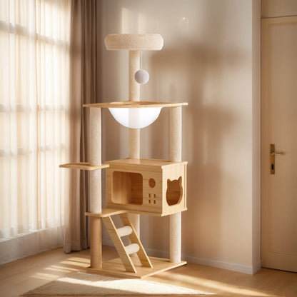 48.8 inch modern wood cat tree tower with acrylic bowl hammock, condo box, and top perch placed near a sunlit window