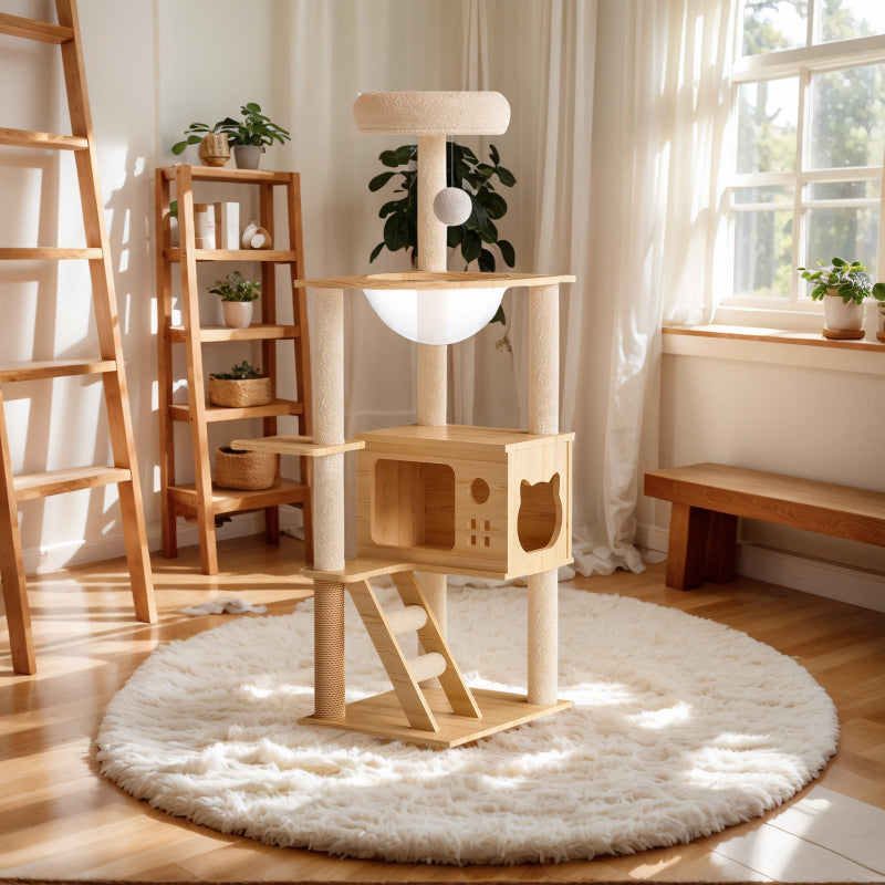48.8 inch modern wooden cat tree tower with acrylic capsule hammock and sisal scratching posts placed on a white round rug in a bright living room