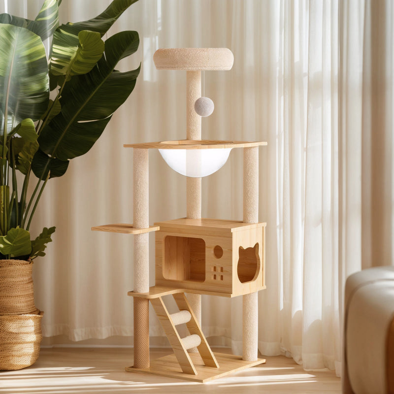 48.8 inch modern wooden cat tree tower with acrylic capsule hammock and cat condo, placed next to a large potted indoor plant near sheer curtains