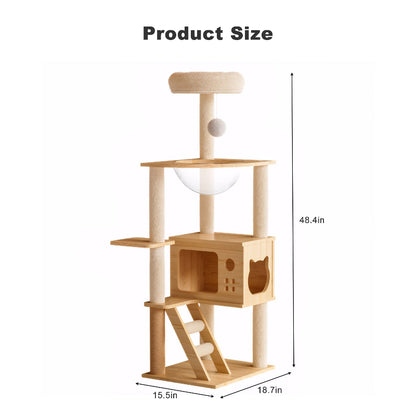 Product dimensions diagram for modern wooden cat tree tower showing height of 48.4 inches, width of 15.5 inches, and depth of 18.7 inches